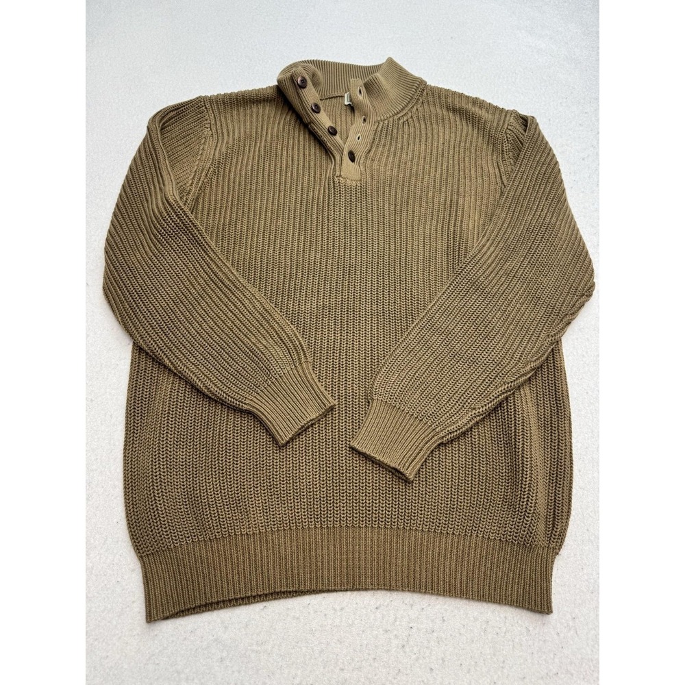 L.L. Bean Sweater Mens Large Brown 100% Cotton Mock Neck Henley Knit Pullover